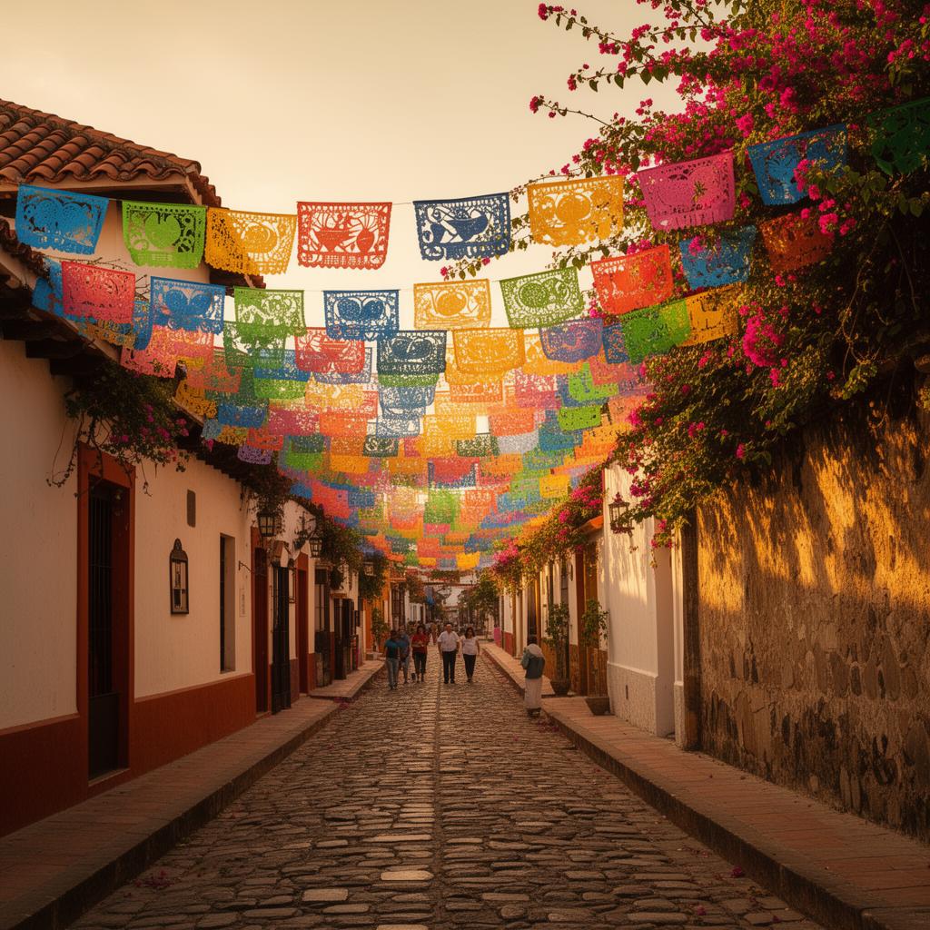 Colorful papel picado flags across a cobblestone street in Puerto Vallarta